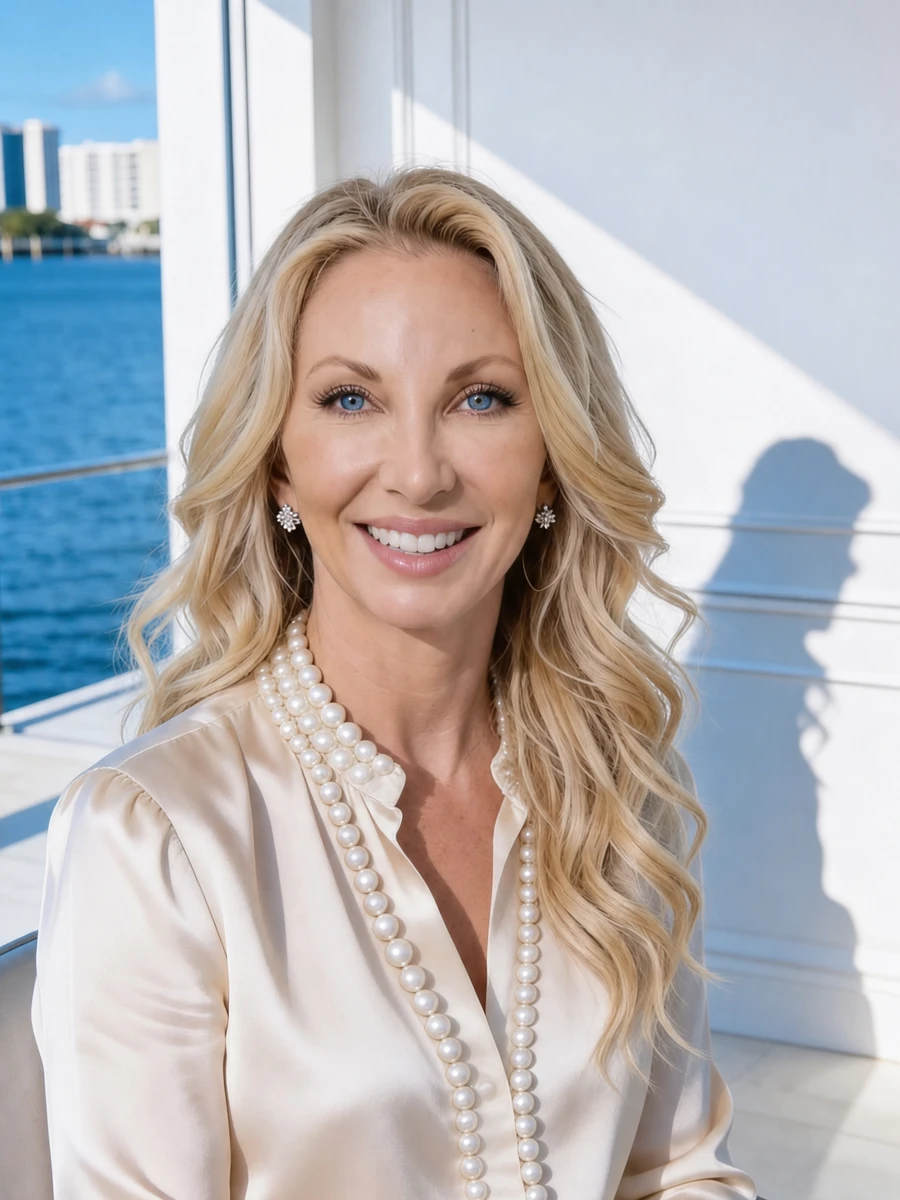 Alicia Dahling seated in a luminous waterfront interior